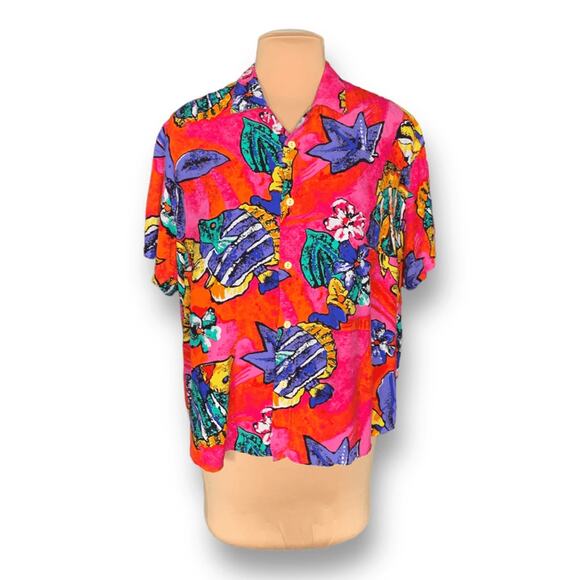 Vintage 90s Hilo Hattie Hawaiian Shirt Bright Tropical Fish Print Short Sleeve - Picture 10 of 11